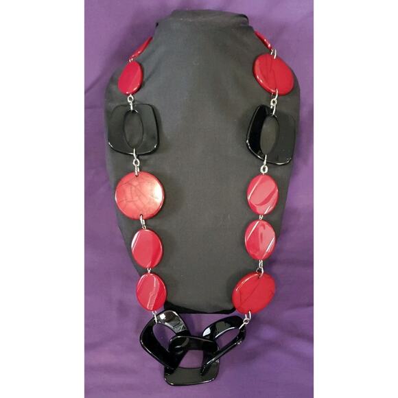Chico's Signed BOHO Statement Necklace Long Red & Black Large Chunky Beaded - Picture 1 of 10